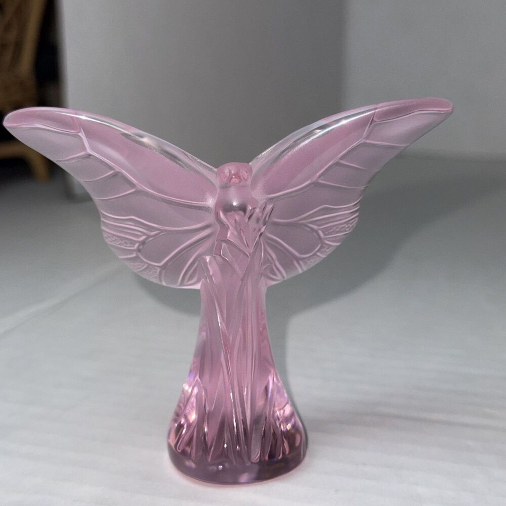 Lalique France Crystal Butterfly Papillon Rosée Figure Pink Aurore Glass signed